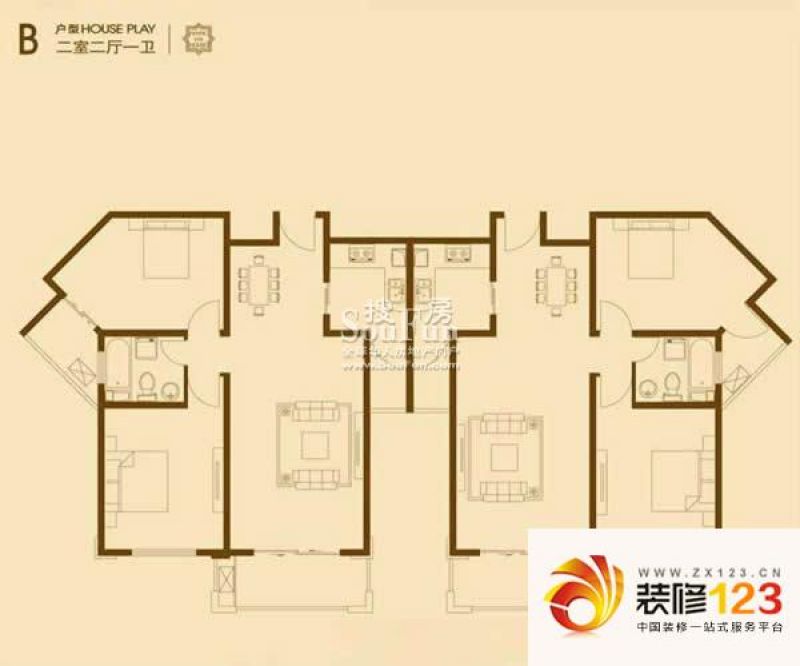上海建筑户型图B户型图 2室2厅1卫1厨