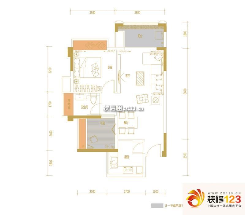 宏益公馆精英汇户型图C户型一房两厅一卫64.7平米 1室2厅1卫1厨