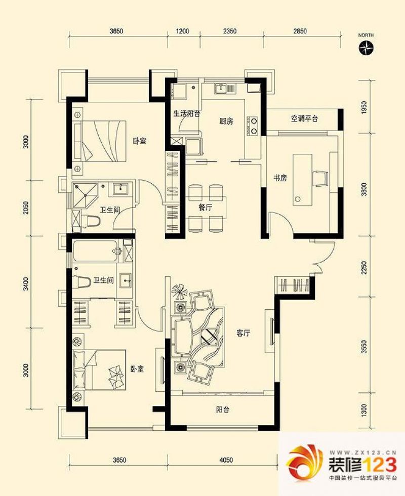 富力华庭户型图C5#楼户型二 3室2厅2卫1厨