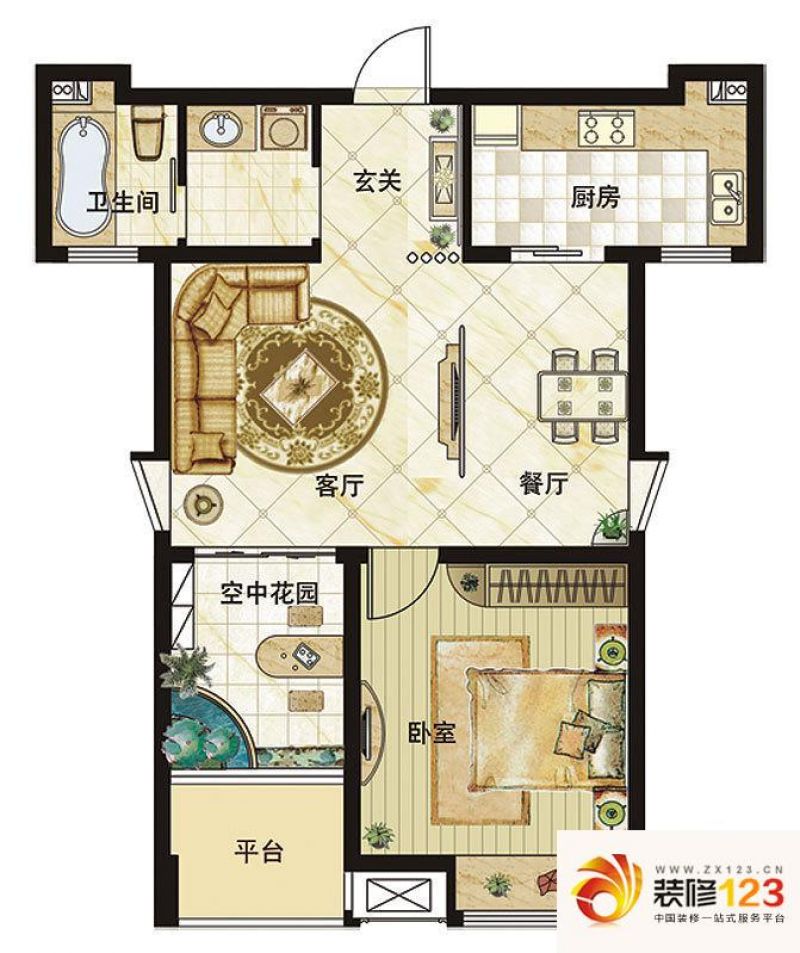 溪湖小镇户型图璞v公馆 E户型 1室2厅1卫1厨