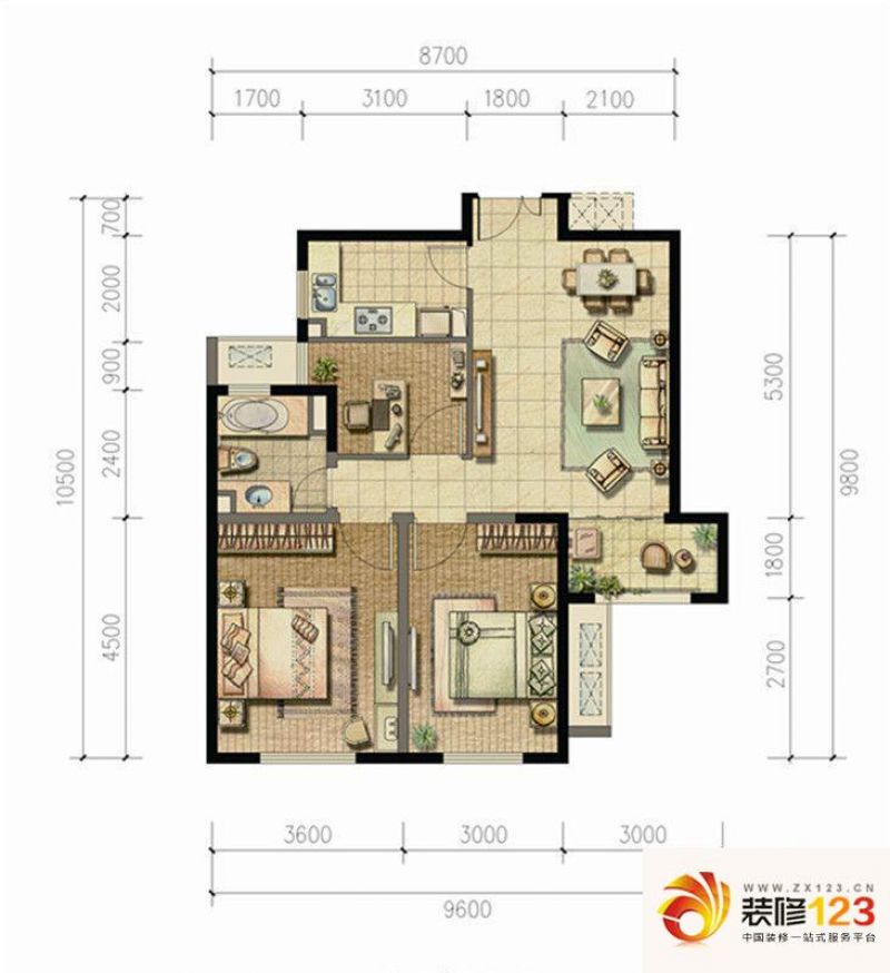 浦江御景湾户型图b2户型 2室2厅1卫1厨