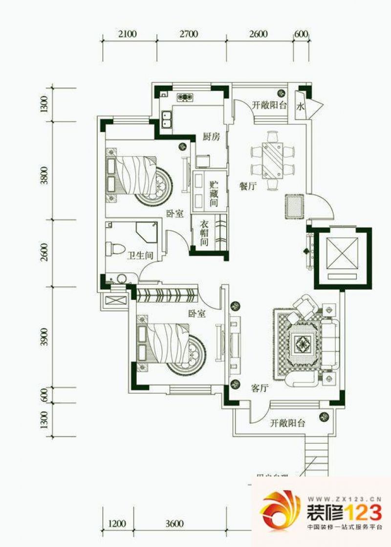 保利林语户型图叠加别墅一层C户型图 3室2厅1卫1厨
