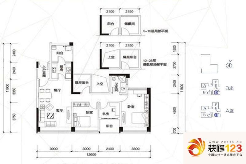 嘉洲公馆户型图D户型108平的户型 3室2厅2卫1厨