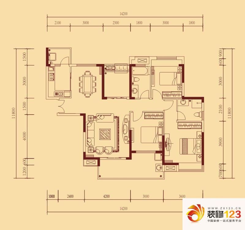 深业金榜山户型图3栋1单元01、2单元02户型 4室2厅2卫1厨