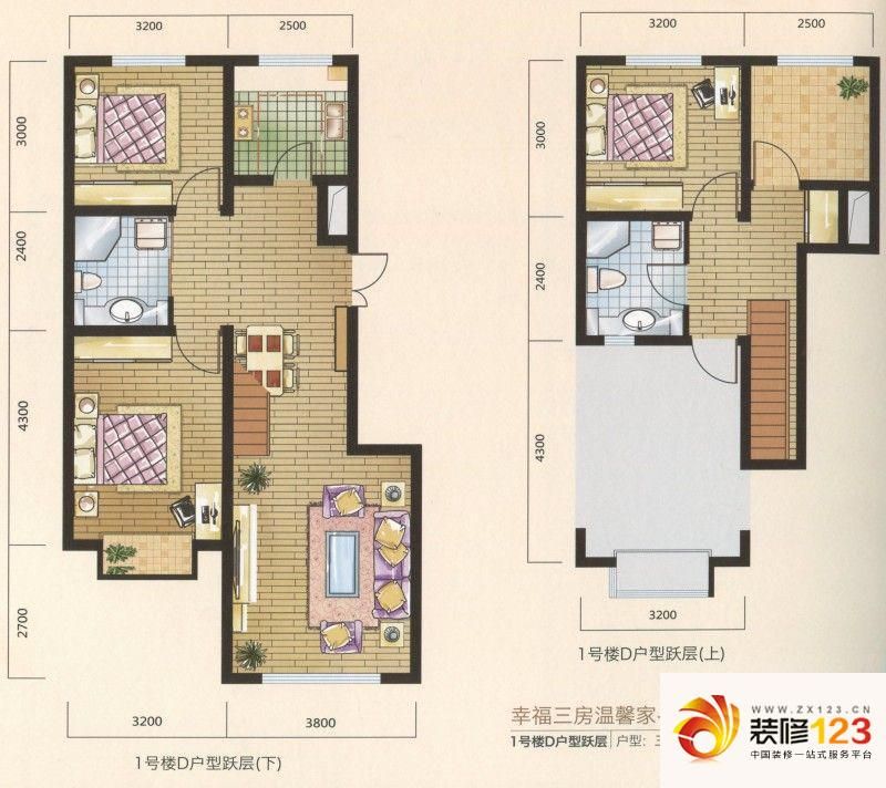 美克嘉翔阁户型图1号楼d户型跃层户型图 3室2厅2卫1厨