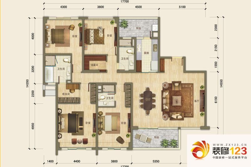 万科璞悦山户型图b户型 4室2厅3卫1厨