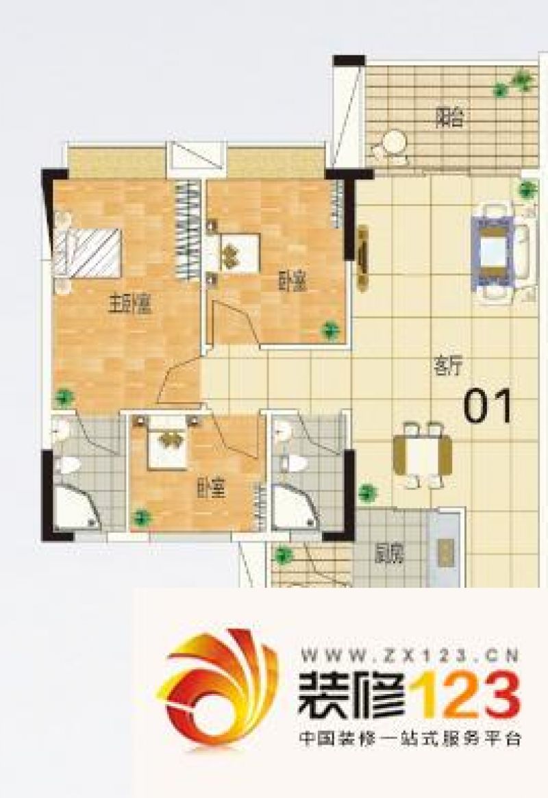 崇和花园3居2厅01单元户型图