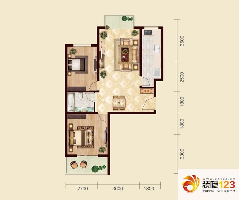 东方锦绣城户型图1#楼F户型 2室2厅1卫1厨