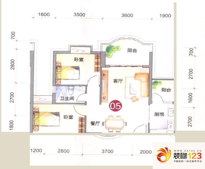 华轩三期桃花源户型图三期E栋01单元5户型 2室2厅1卫1厨