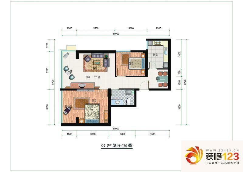 宝丰紫金城户型图g8户型 2室2厅1卫1厨