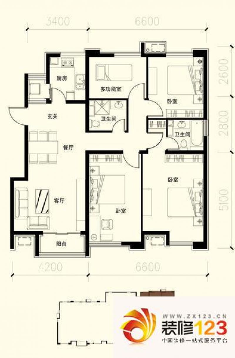 军创凯旋城户型图4号楼a户型 4室2厅2卫1厨