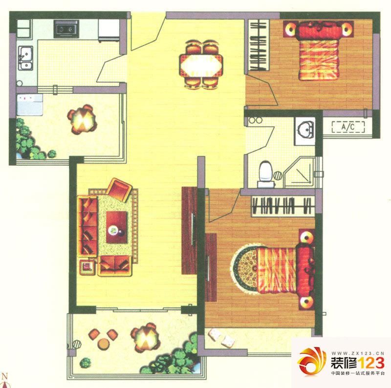 方圆云山诗意户型图9#楼甲单元02室 2室2厅1卫1厨