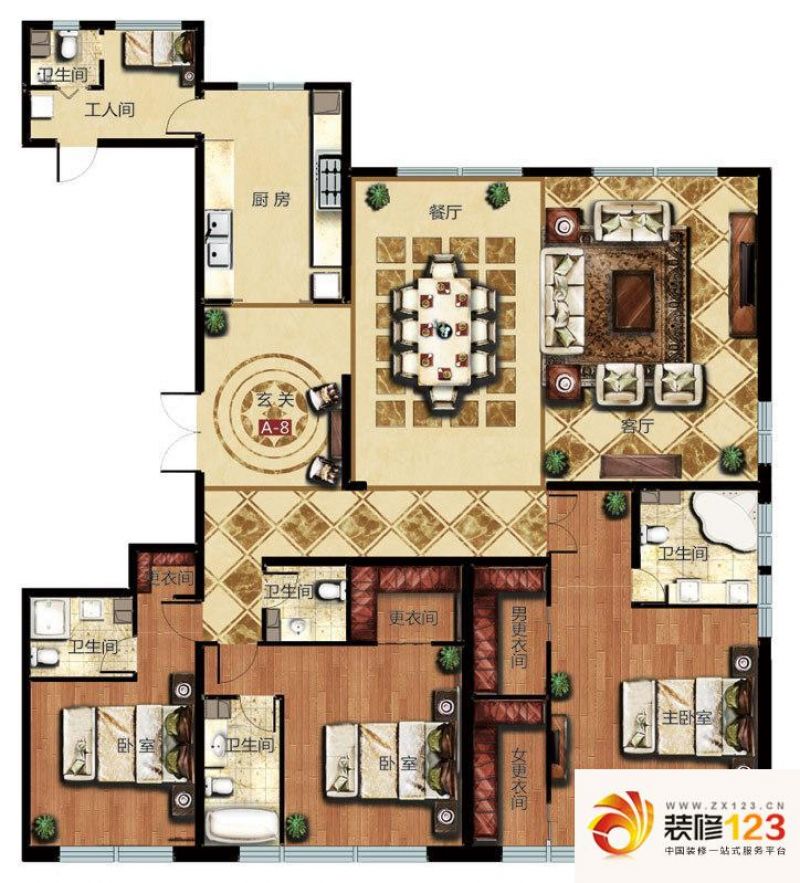 太原万达公馆户型图8#A8户型 3室2厅4卫1厨