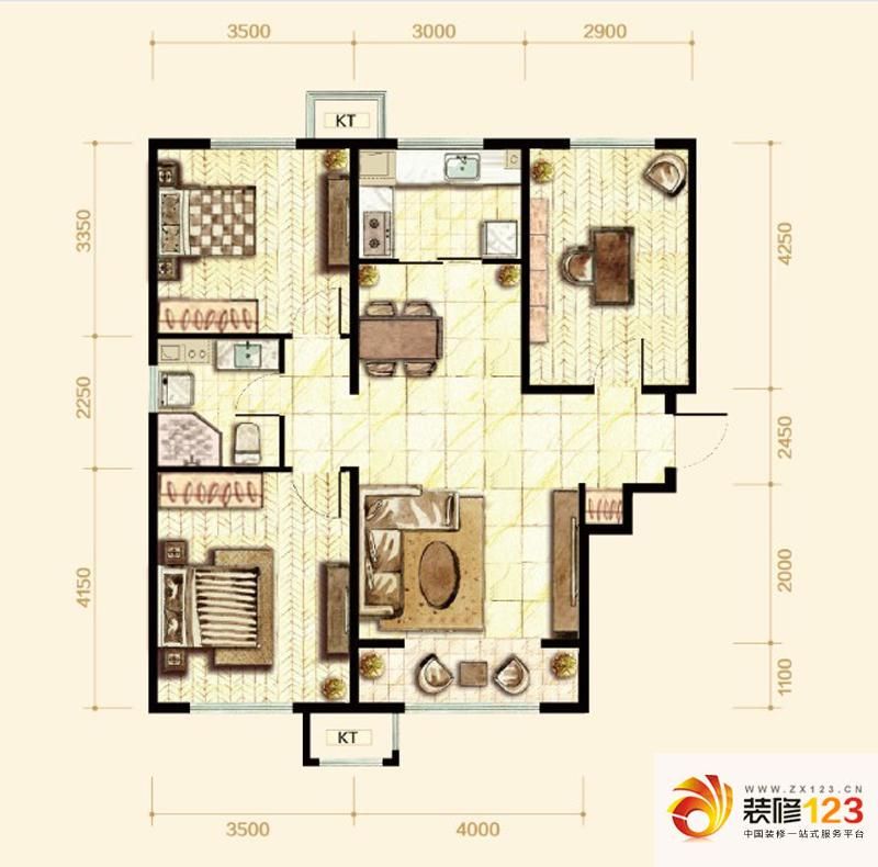 橡树湾户型图三期F户型 3室2厅1卫1厨