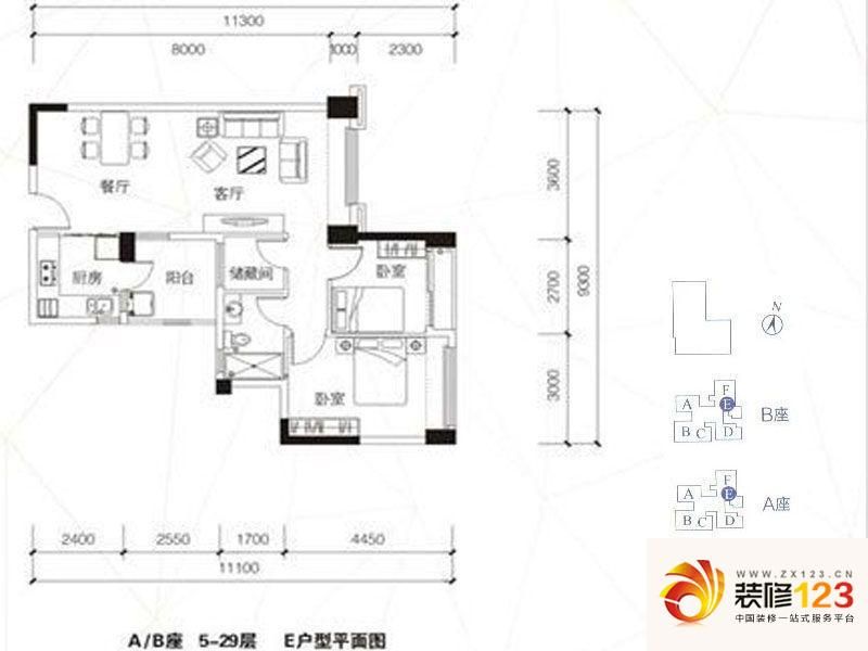 嘉洲公馆户型图E户型85平的户型 2室2厅1卫1厨