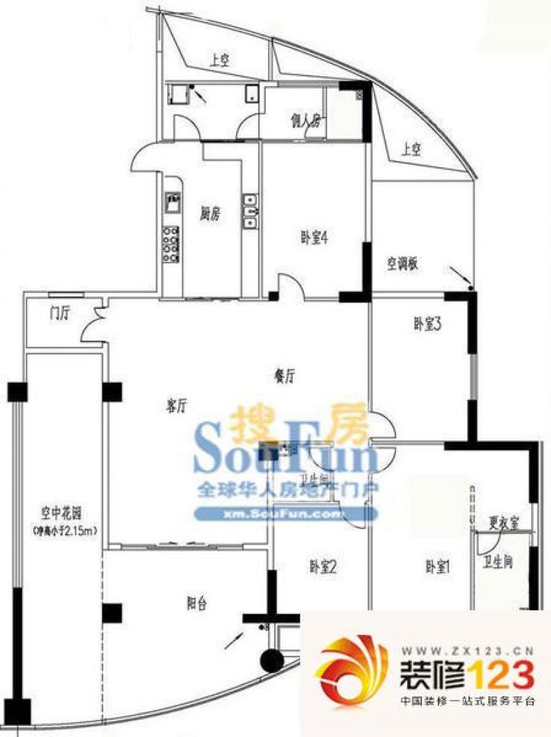 和谐天下户型图4栋1偶数层 4室2 ...