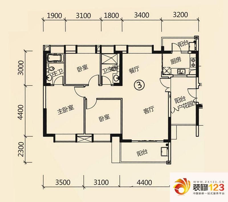 富力现代广场户型图E2栋03 3室2 ...