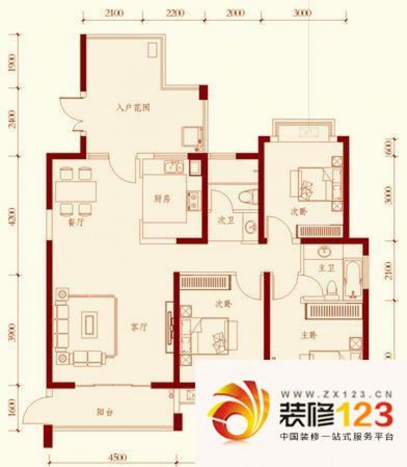 湘江世纪城鸿江苑户型图3室2厅.