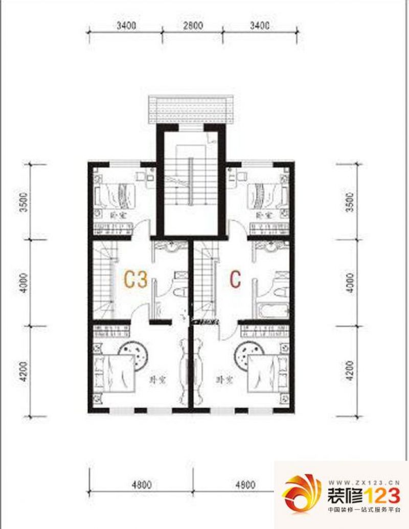 原香墅户型图二层户型 2室2厅1卫 .