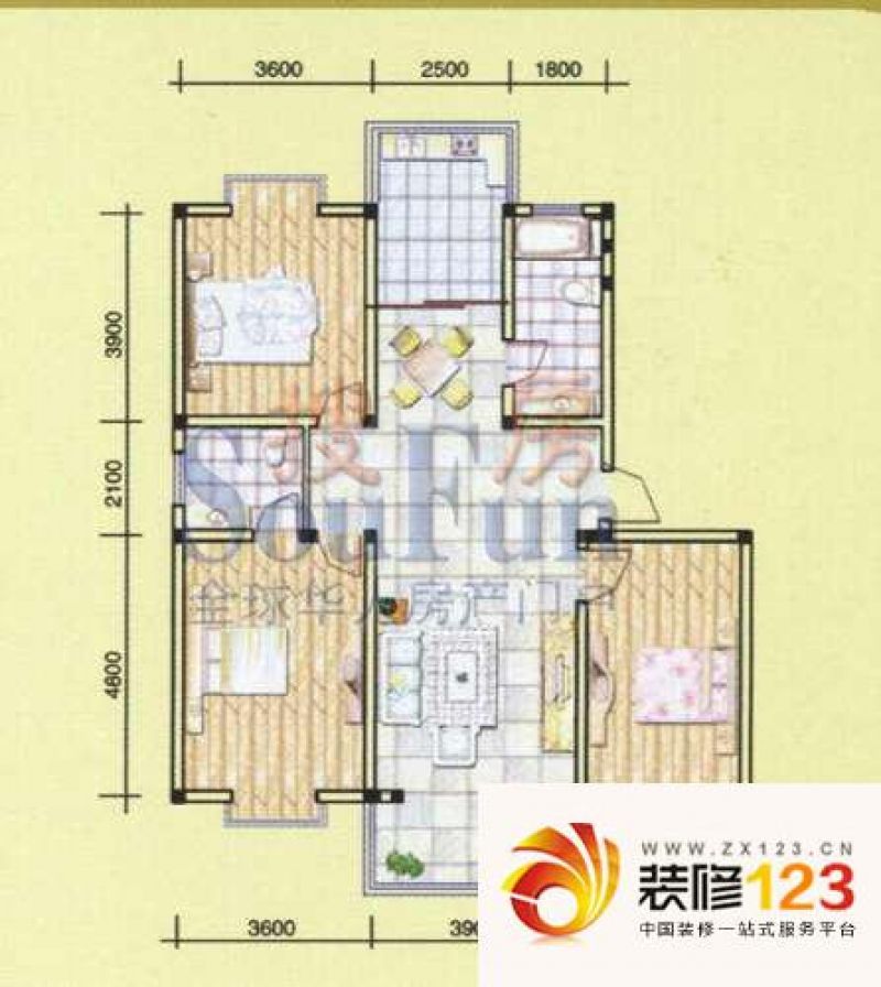 金鑫花苑户型图户型图 3室2厅1卫.