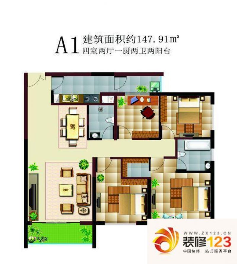 碧鸡名城户型图a1 4室2厅2卫1厨.
