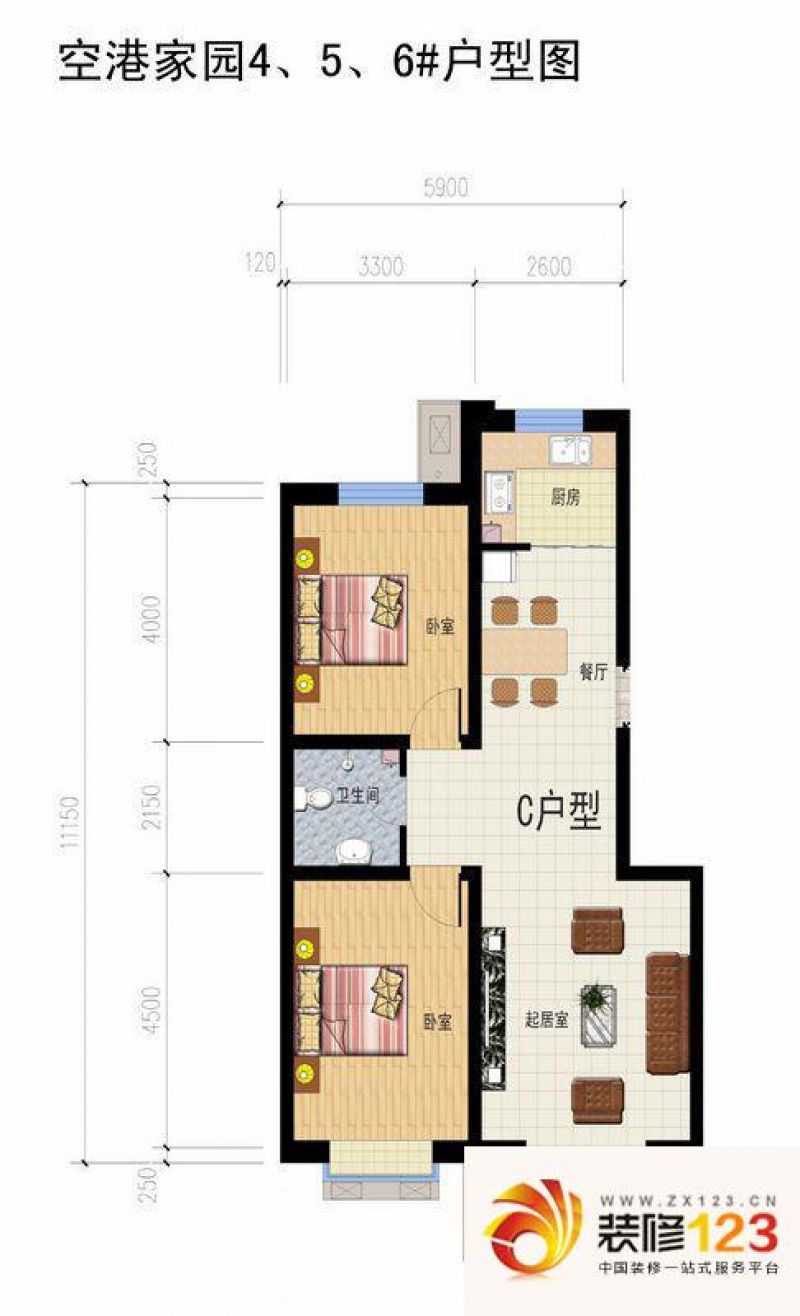 空港国际户型图4-5-6#c2户型 2室 .
