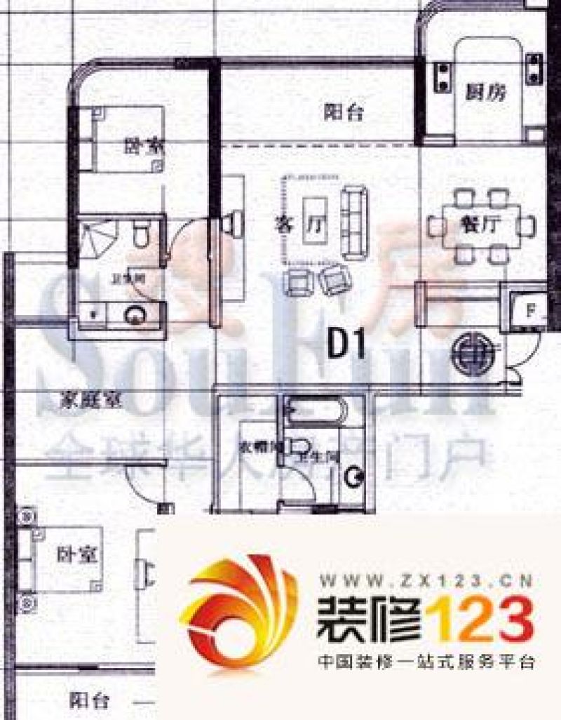 蓝湾国际户型图d1# 3室2厅2卫1厨 .