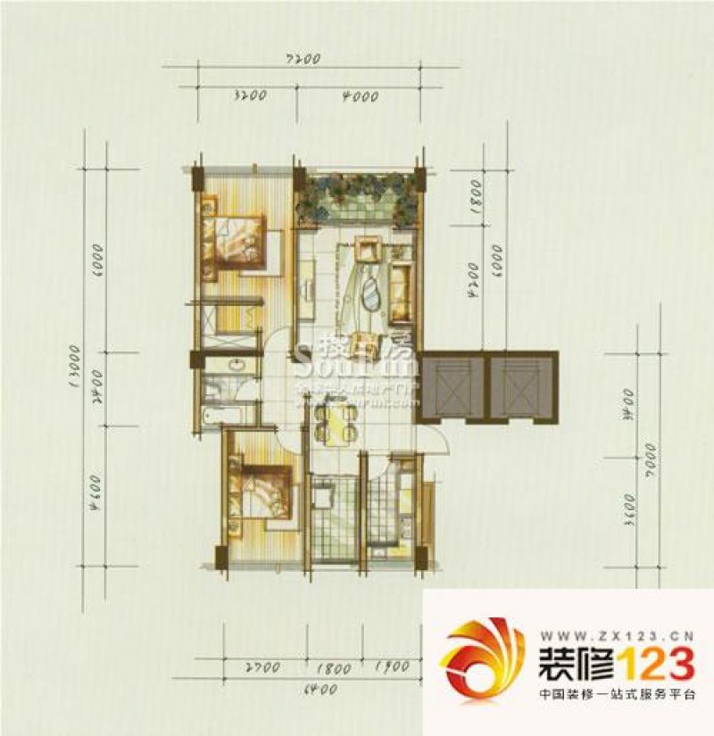 城市理想户型图7c 2室1厅1卫1厨 .