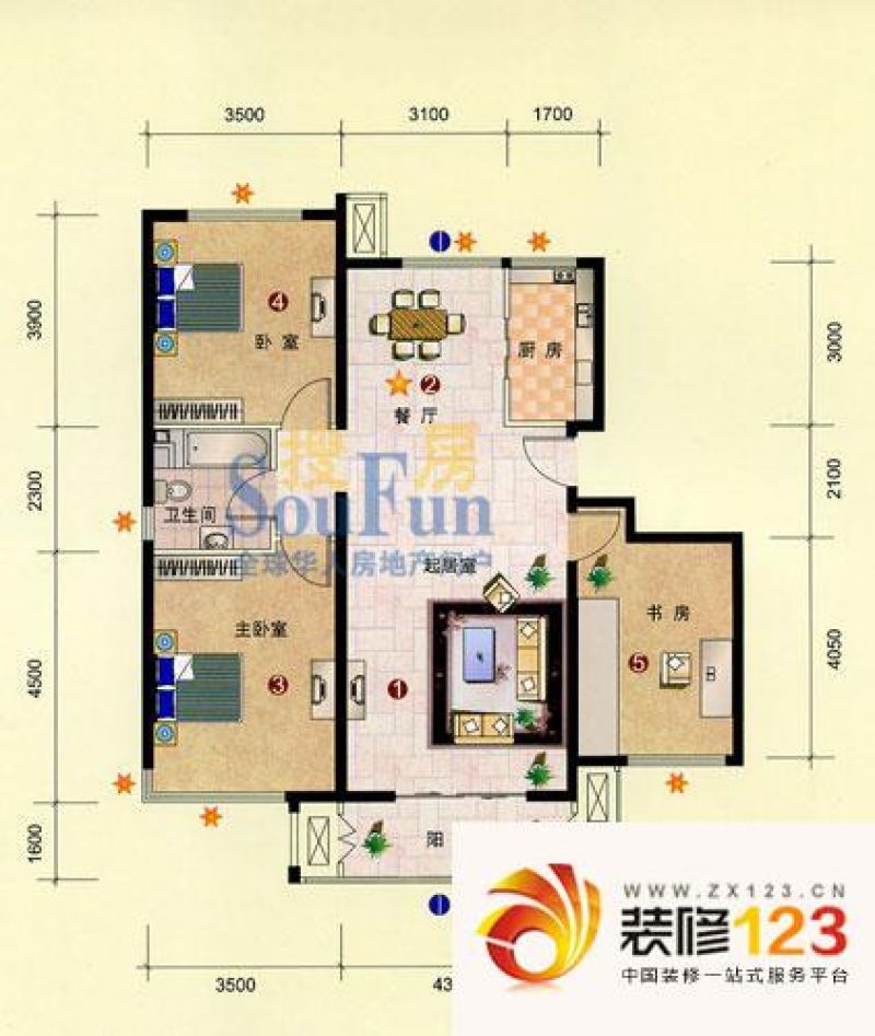 鼎盛新城户型图k户型图 3室2厅1.