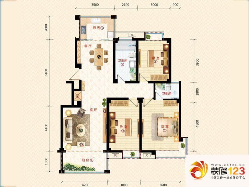 金达滨江锦园户型图e户型 3室2厅.