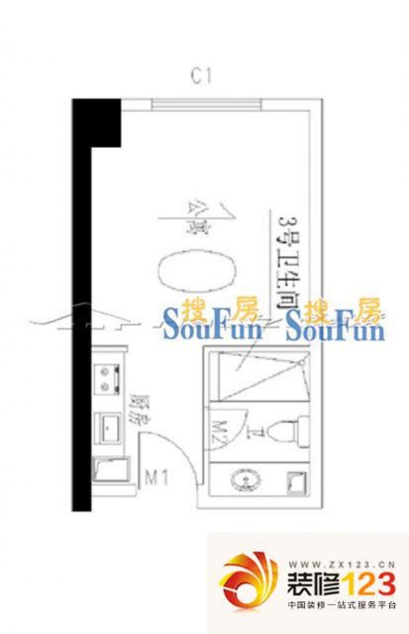 湘聚酒店公寓户型图单间2 1室1卫 .