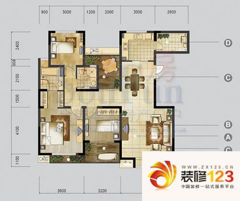 金地国际花园户型图俄 3室2厅2卫.