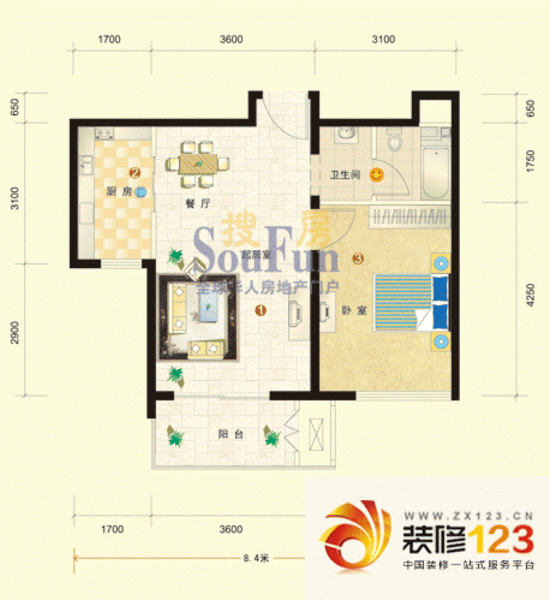 鼎盛新城户型图d2户型 1室2厅1卫 .