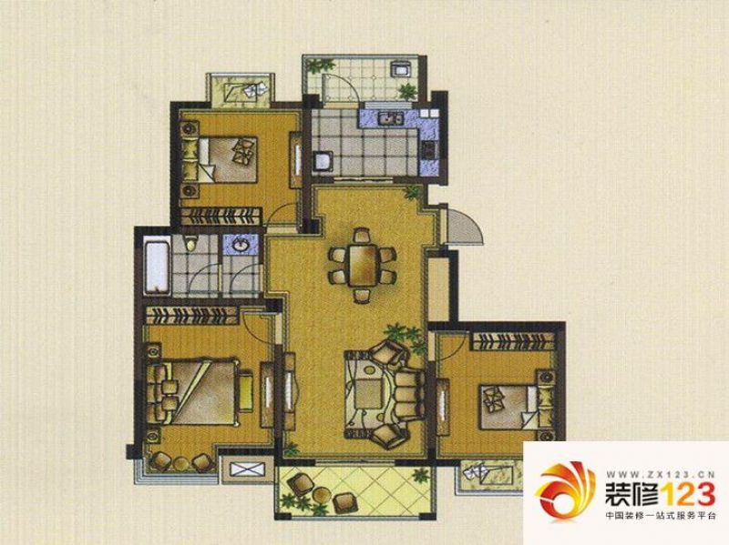 水岸枫情户型图h户型 3室2厅1卫1.