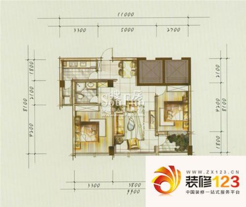 城市理想户型图7b 2室1厅1卫1厨 .