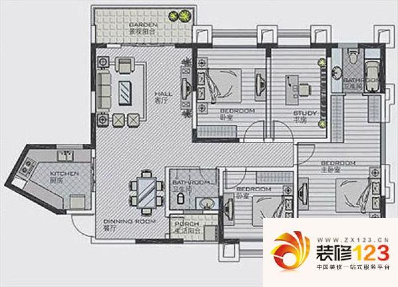 万象新天户型图3a四房二室二卫户.