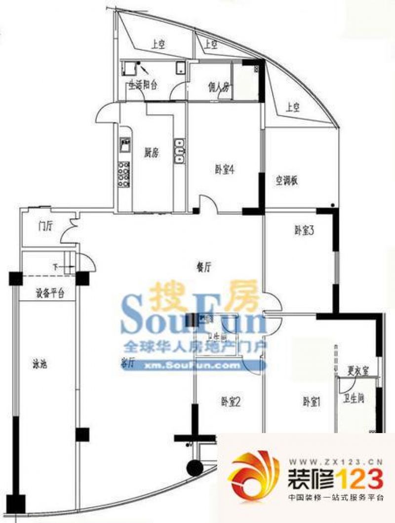 和谐天下户型图4栋1奇数层 4室2 ...