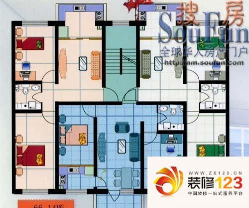 水岸人家户型图一梯三户户型 2室 .