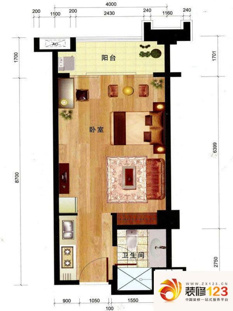 恒大雅苑户型图1号公寓e户型 1室.