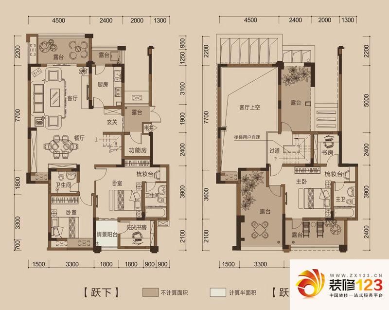 金鹏金x户型图1期3,7号楼跃层e.