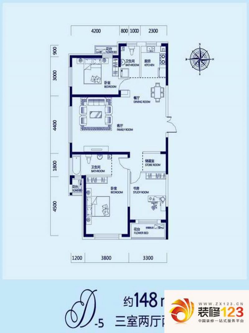 蓝色港湾户型图d-5户型图 3室2厅.