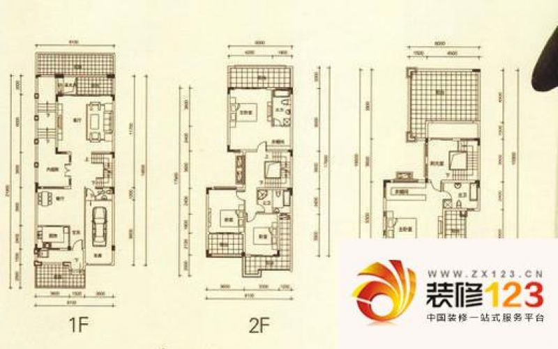 东城艺墅 c户型1~3层 4室3厅4卫1 .