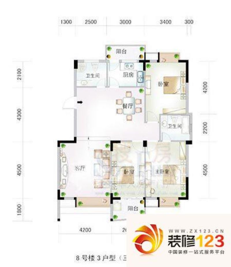 水岸菁华户型图8#楼3户型 3室2厅.