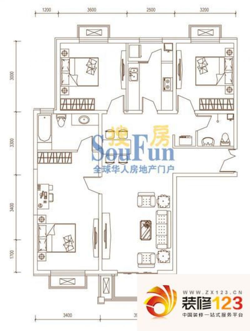 文苑凤凰城户型图2号楼d1 3室2厅.