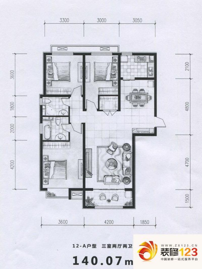 石家庄公园城公园城户型图9-a户型 3室2厅1卫1 .-我