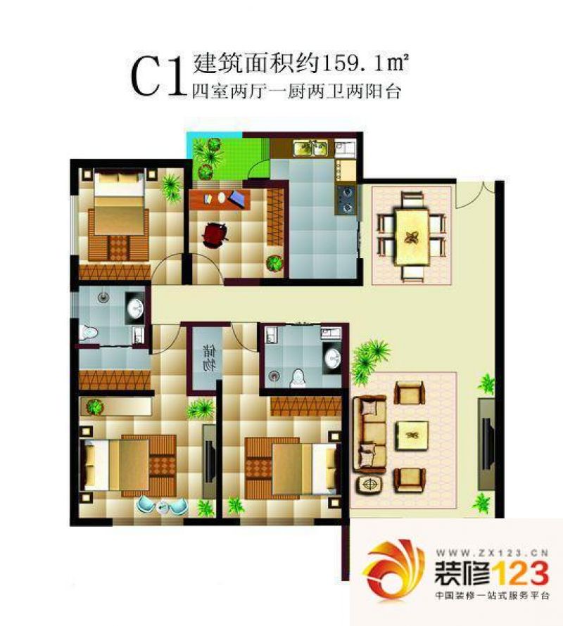 碧鸡名城户型图c1 4室2厅2卫1厨.