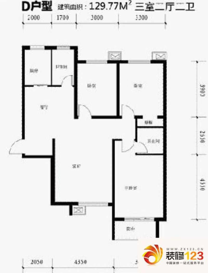 锦城户型图d户型 3室2厅2卫1厨.