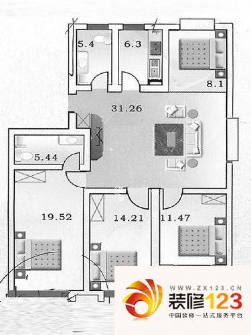 熹祥苑户型图d户型 4室1厅2卫1厨 .