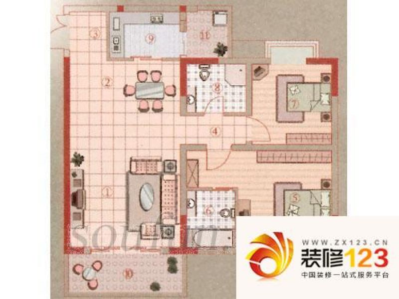 晋愉上江城户型图2室2厅2卫1厨 .