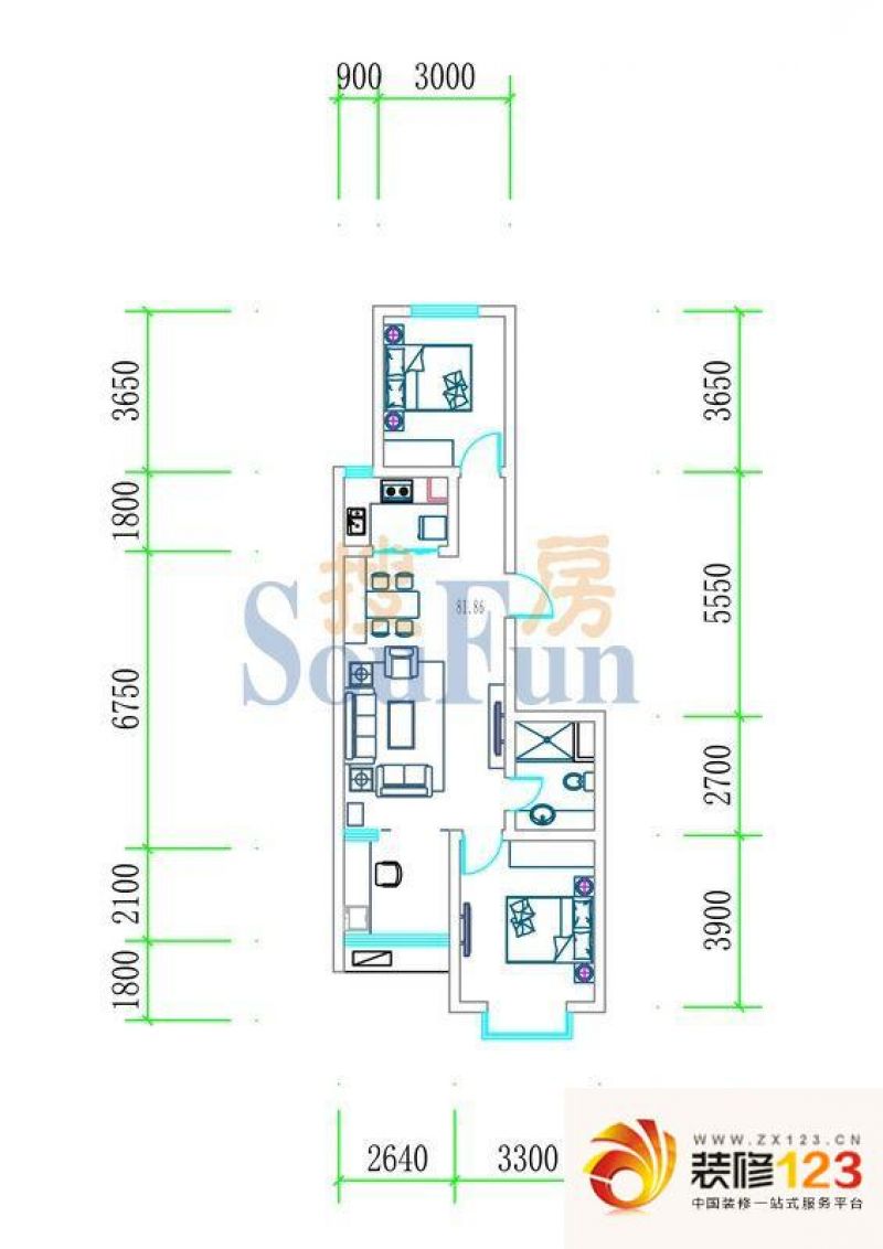 北辰商务花园户型图户型图 2室1 .